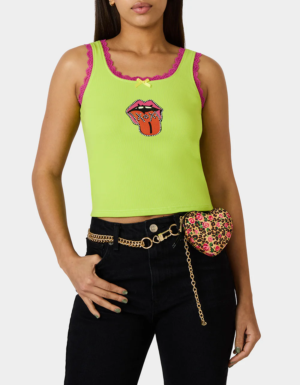 PRINTED HEART CHAIN BELT BLACK - Image 2
