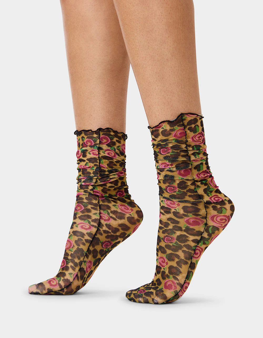 2-PACK LEOPARD ROSE MESH CREW SOCKS TAN MULTI - Image 3